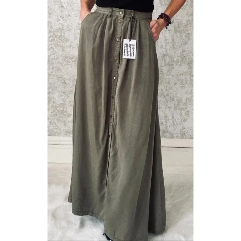 Pistola Maxi Skirt Button Front Womens Size S Olive Green High Waist Boho NEW